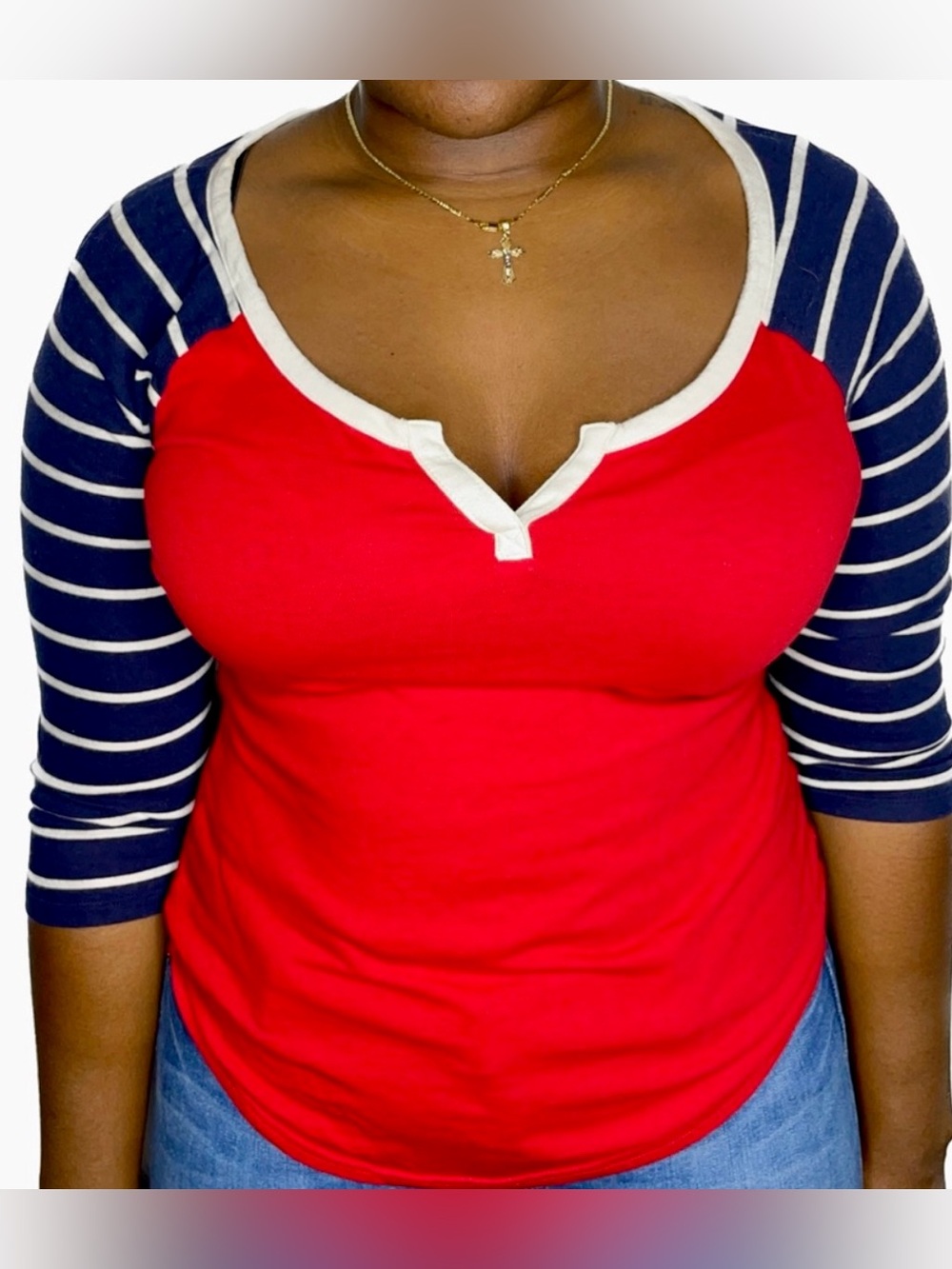Express Red Navy Colorblock Raglan Henley Top